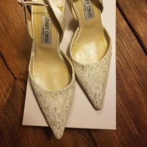 Jimmy Choo Satin Ivory Lace Crystal Shoes